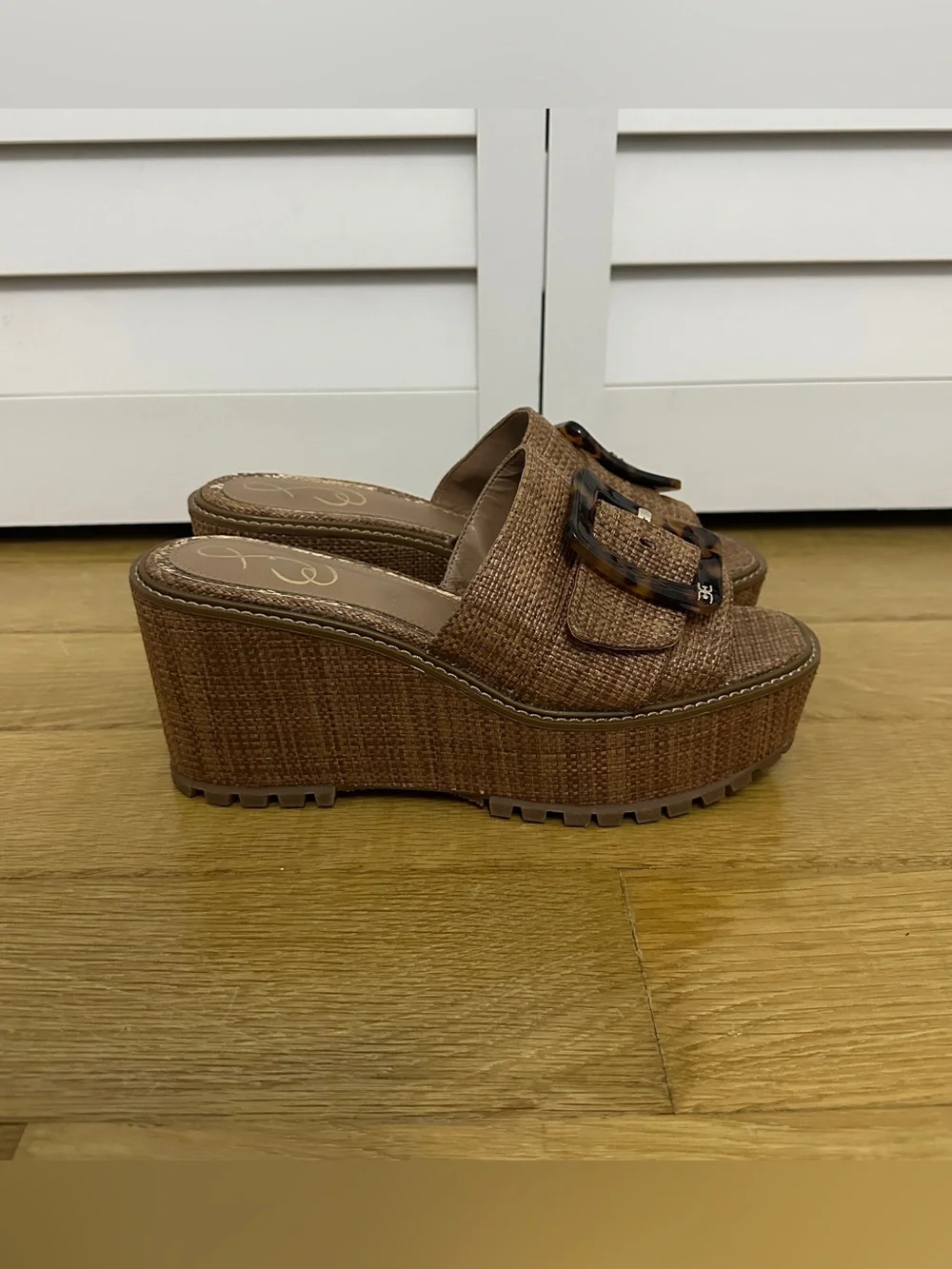 Sam Edelman Dark Natural Raffia Platform Wedge Espadrille Slide Sandals SZ 9.5
